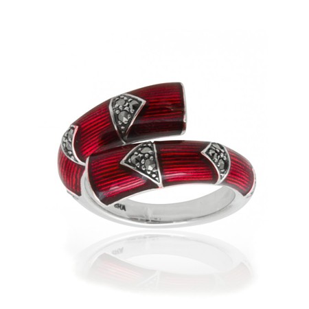 Marcasite and Red Enamel Wrap-around ring - Click Image to Close